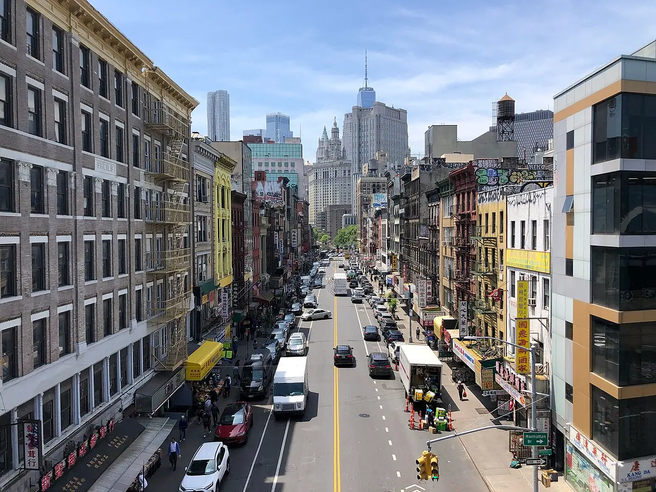 Chinatown, Manhattan: 2024-05-20 13 32 04 View west along East Broadway from the Manhattan Bridge in Manhattan, New York City, New York